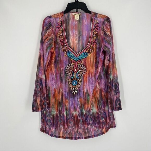 Lucky & Coco Women’s Scoop Neck Colorful Long Sleeve Beaded Neck Tunic Coverup M - Picture 1 of 4